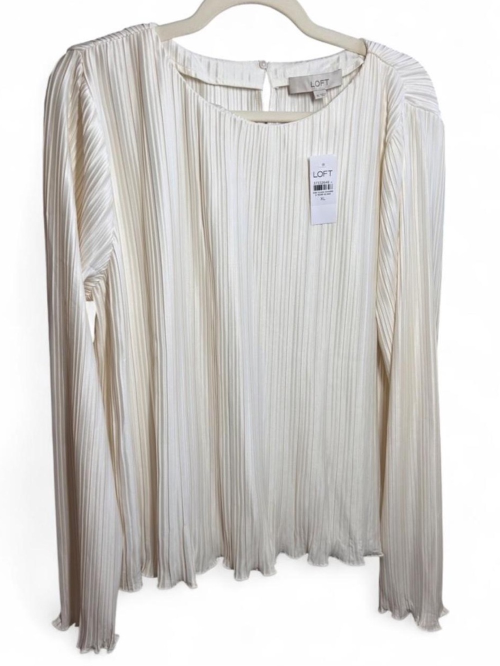 LOFT Pleated Jersey Blouse, all-over crinkle micro-pleat texture in an off-white